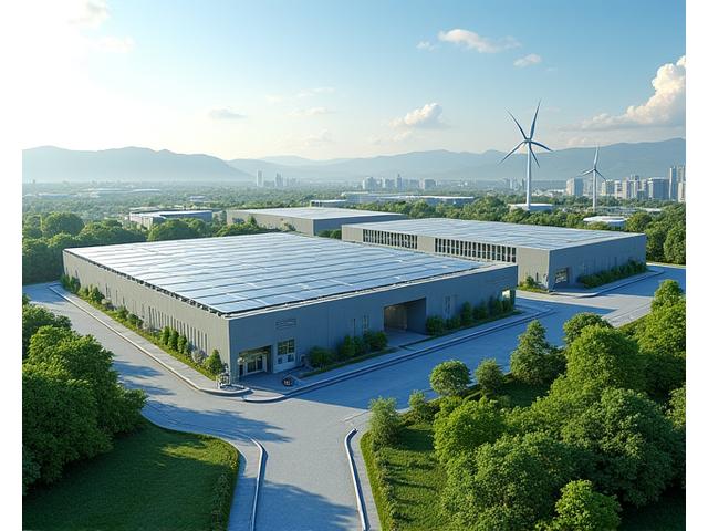 A modern, clean industrial park with green landscaping, large rooftop solar arrays, and sleek, energy-efficient buildings, demonstrating advanced low-carbon design and integration.
