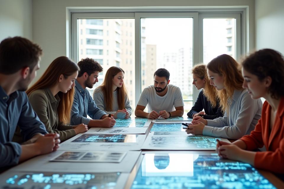 A diverse group of community members, architects, and city planners gathered around a large table, engaged in a collaborative discussion, looking at blueprints and digital displays, symbolizing inclusive stakeholder engagement.