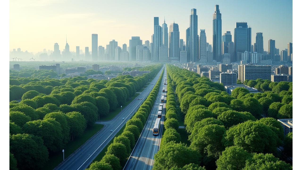 An aerial view of a vibrant, modern city skyline integrated with lush green spaces, solar panels on rooftops, wind turbines on the horizon, and efficient public transport systems, symbolizing sustainable community development.