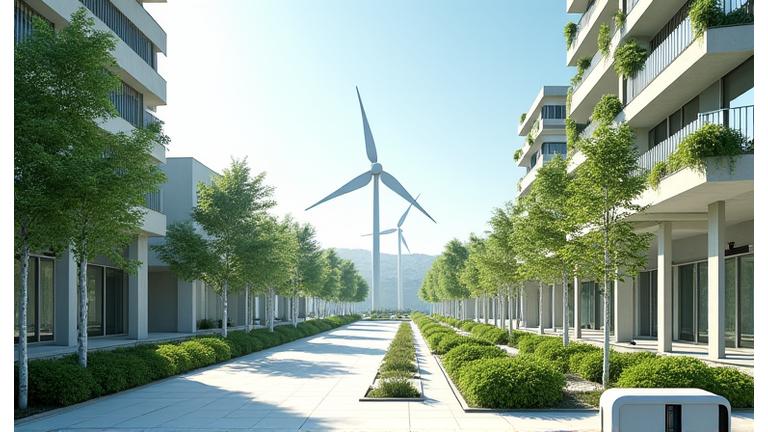 A rendering of a futuristic, low-carbon urban development featuring smart buildings, integrated green energy sources like solar trees and compact wind turbines, and electric vehicle charging stations, all under a clear blue sky.