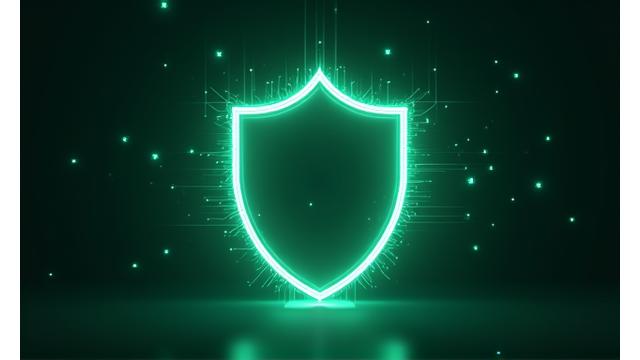 Abstract graphic representing data security and intellectual property protection with shield and network lines.