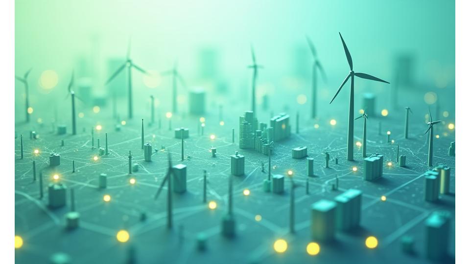 Illustration of integrated renewable energy infrastructure with data flow lines, representing robust service provisions.